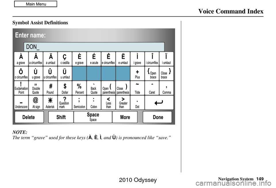 HONDA ODYSSEY 2010 RB3-RB4 / 4.G Navigation Manual Navigation System149
Voice Command Index
Symbol Assist Definitions
NOTE:
The term “grave” used for these keys ( À, È, Ì, and Ù) is pronounced like “save.”
2010 Odyssey HONDA ODYSSEY 2010 RB3-RB4 / 4.G Navigation Manual Navigation System149
Voice Command Index
Symbol Assist Definitions
NOTE:
The term “grave” used for these keys ( À, È, Ì, and Ù) is pronounced like “save.”
2010 Odyssey