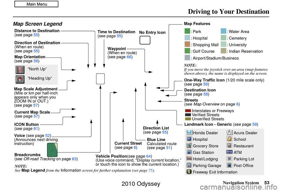HONDA ODYSSEY 2010 RB3-RB4 / 4.G Navigation Manual Navigation System53
Driving to Your Destination
Acura Dealer
School
Restaurant
AT M
Parking Lot
Post OfficeHonda Dealer
Hospital
Grocery Store
Gas Station
Hotel/Lodging
Parking Garage
Freeway Exit Inf