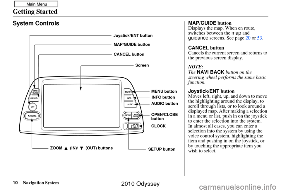 HONDA ODYSSEY 2010 RB3-RB4 / 4.G Navigation Manual 10Navigation System
Getting Started
System Controls
ENT
CANCELMAP
GUIDE
MENU
INFO
AUDIO
SETUPOPEN/CLOSEZOOM
MAP/GUIDE buttonCANCEL button
Screen
MENU button
AUDIO button INFO button
ZOOM   (IN)/   (OU