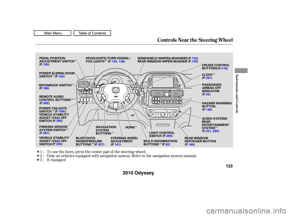 HONDA ODYSSEY 2010 RB3-RB4 / 4.G Owners Manual ÎÎ
Î
Î Î
Î Î ÎÎ
Î
Î
Î
Î
Î
Î
ÎTo use the horn, press the center pad of the steering wheel.
Only on vehicles equipped with navigation system. Ref er to the navigation sys