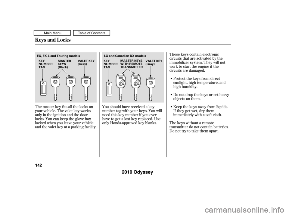 HONDA ODYSSEY 2010 RB3-RB4 / 4.G User Guide These keys contain electronic
circuits that are activated by the
immobilizer system. They will not
work to start the engine if the
circuits are damaged.Protect the keys f rom direct
sunlight, high tem