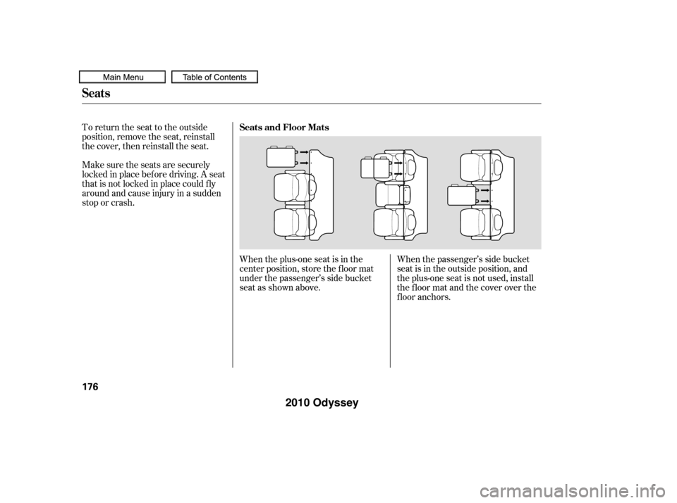 HONDA ODYSSEY 2010 RB3-RB4 / 4.G Owners Manual Whentheplus-oneseatisinthe
center position, store the f loor mat
under the passenger’s side bucket
seat as shown above.When the passenger’s side bucket
seat is in the outside position, and
theplus