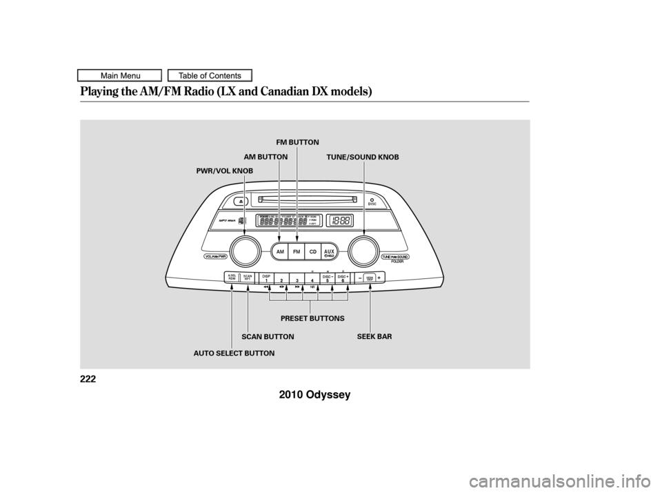 HONDA ODYSSEY 2010 RB3-RB4 / 4.G User Guide Playing the AM/FM Radio (LX and Canadian DX models)
222
SEEK BAR
AUTO SELECT BUTTON PRESET BUTTONS
PWR/VOL KNOB
SCAN BUTTONFM BUTTON
AM BUTTON TUNE/SOUND KNOB
——
y
y