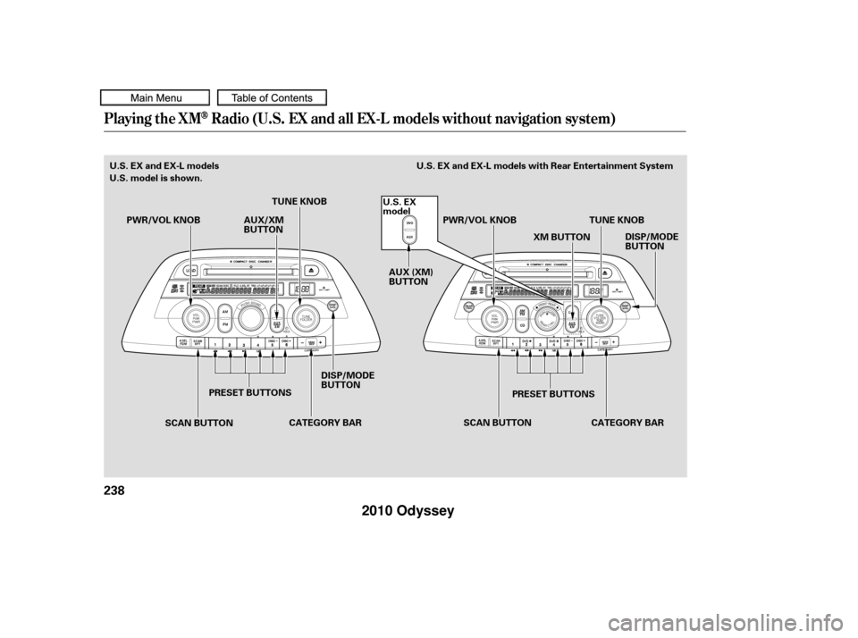 HONDA ODYSSEY 2010 RB3-RB4 / 4.G User Guide Playing the XMRadio (U.S. EX and all EX-L models without navigation system)
238
PRESET BUTTONS
PRESET BUTTONS TUNE KNOB
PWR/VOL KNOB
TUNE KNOB
U.S. EX and EX-L models
U.S. model is shown.
CATEGORY BAR