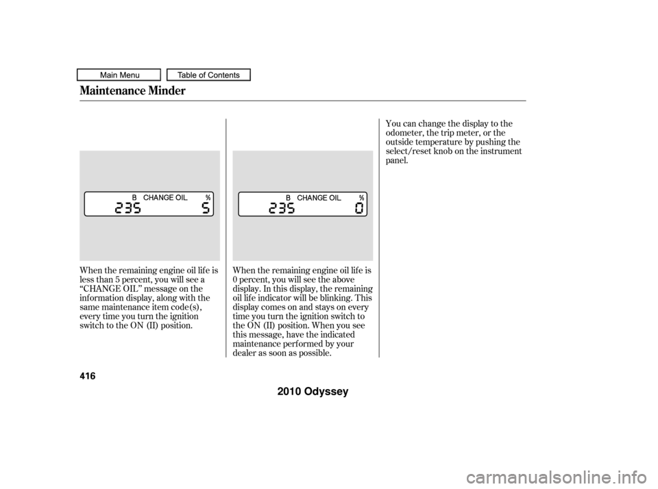 HONDA ODYSSEY 2010 RB3-RB4 / 4.G Owners Manual You can change the display to the
odometer, the trip meter, or the
outside temperature by pushing the
select/reset knob on the instrument
panel.
When the remaining engine oil lif e is
less than 5 perc