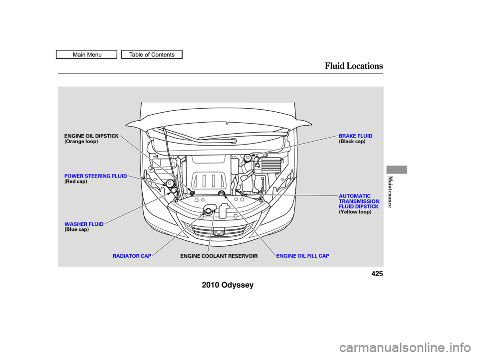 HONDA ODYSSEY 2010 RB3-RB4 / 4.G Owners Manual Fluid Locations
Maint enance
425
ENGINE OIL DIPSTICK
(Orange loop)WASHER FLUID
(Blue cap) BRAKE FLUID
(Black cap)
ENGINE COOLANT RESERVOIR AUTOMATIC
TRANSMISSION
FLUID DIPSTICK
(Yellow loop)
POWER STE