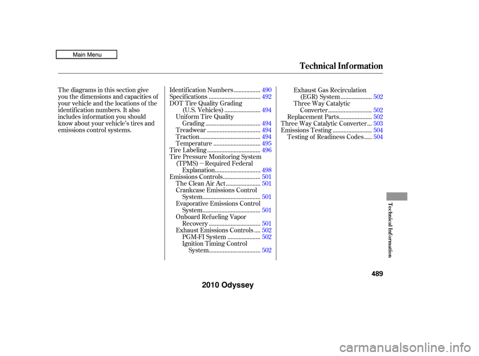 HONDA ODYSSEY 2010 RB3-RB4 / 4.G Owners Manual µ
Thediagramsinthissectiongive
you the dimensions and capacities of
your vehicle and the locations of the
identif ication numbers. It also
includes inf ormation you should
know about your vehicle’