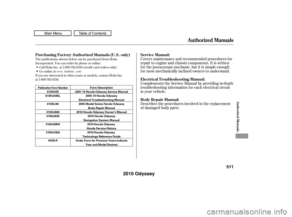 HONDA ODYSSEY 2010 RB3-RB4 / 4.G Repair Manual T he publications shown below can be purchased f rom Helm
Incorporated. You can order by phone or online:
If you are interested in other years or models, contact Helm Inc.
at 1-800-782-4356.Call Helm 