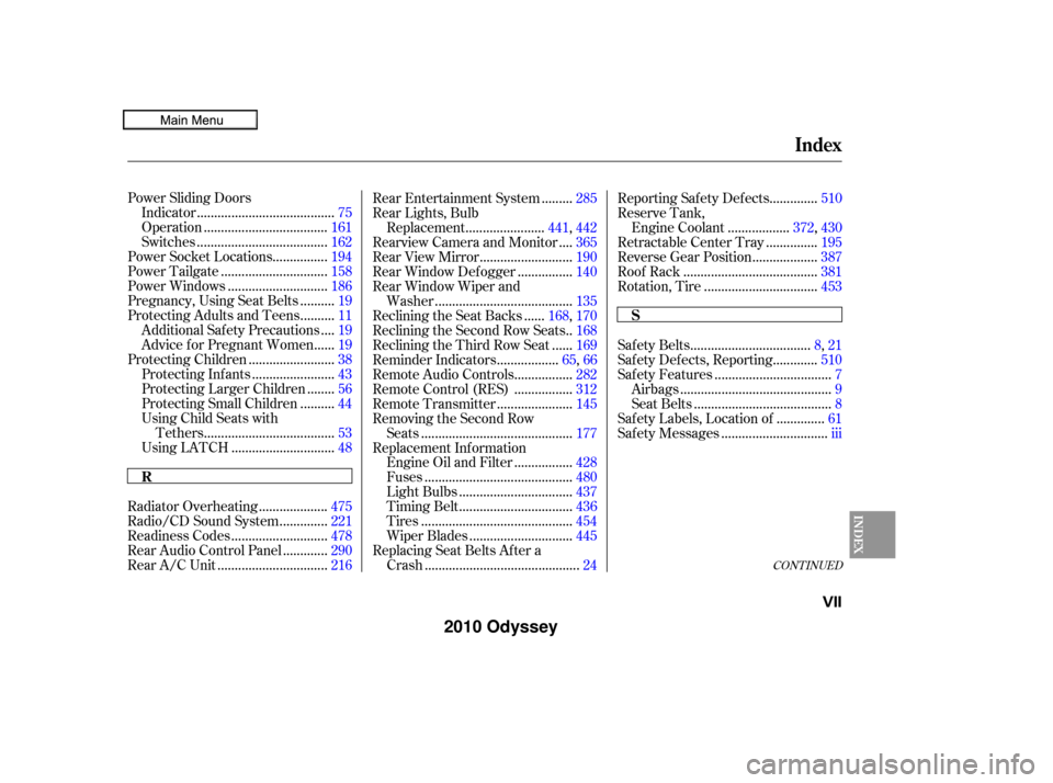 HONDA ODYSSEY 2010 RB3-RB4 / 4.G Owners Manual CONT INUED
Power Sliding Doors.......................................
Indicator .75
...................................
Operation .161
.....................................
Switches .162
.............