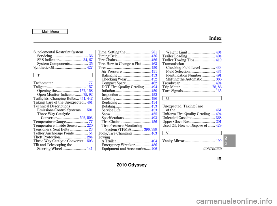 HONDA ODYSSEY 2010 RB3-RB4 / 4.G Owners Manual CONT INUED
................................
Vanity Mirror .199
Supplemental Restraint System
......................................
Servicing .36
.........................
SRS Indicator .34 ,67
......
