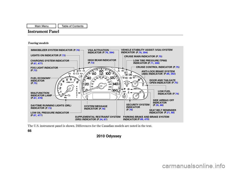 HONDA ODYSSEY 2010 RB3-RB4 / 4.G Owners Manual The U.S. instrument panel is shown. Dif f erences f or the Canadian models are noted in the text.
Instrument Panel
T ouring models
66
SEAT BELT REMINDER
INDICATORDOOR AND TAILGATE
OPEN INDICATOR
SECUR
