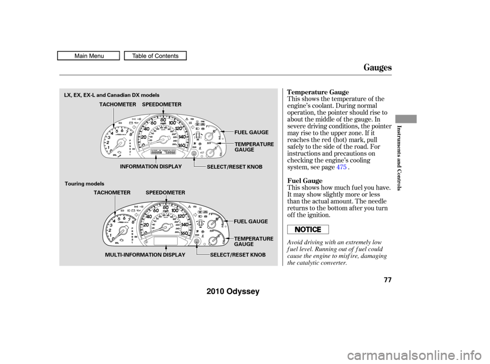 HONDA ODYSSEY 2010 RB3-RB4 / 4.G Owners Manual This shows how much f uel you have.
It may show slightly more or less
than the actual amount. The needle
returns to the bottom after you turn
of f the ignition. This shows the temperature of the
engin