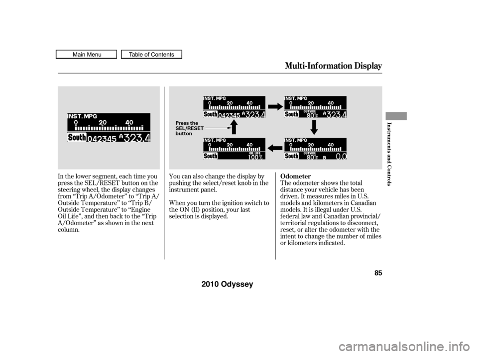 HONDA ODYSSEY 2010 RB3-RB4 / 4.G Owners Manual In the lower segment, each time you
press the SEL/RESET button on the
steering wheel, the display changes
f rom ‘‘Trip A/Odometer’’ to ‘‘Trip A/
Outside Temperature’’ to ‘‘Trip B/
