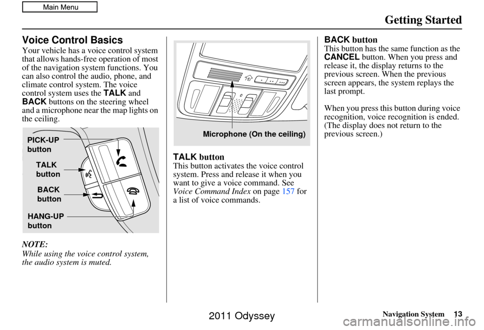 HONDA ODYSSEY 2011 RB3-RB4 / 4.G Navigation Manual Navigation System13
Getting Started
Voice Control Basics
Your vehicle has a voice control system 
that allows hands-free operation of most 
of the navigation system functions. You 
can also control th