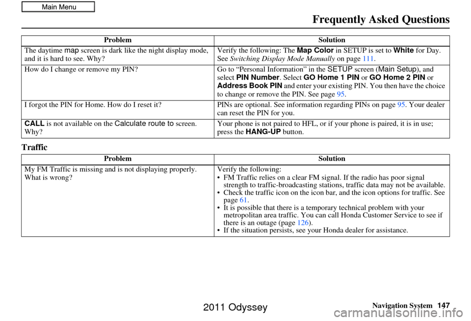 HONDA ODYSSEY 2011 RB3-RB4 / 4.G Navigation Manual Navigation System147
Frequently Asked Questions
Traffic
The daytime map screen is dark like the night display mode, 
and it is hard to see. Why? Verify the following: The 
Map Color in SETUP is set to