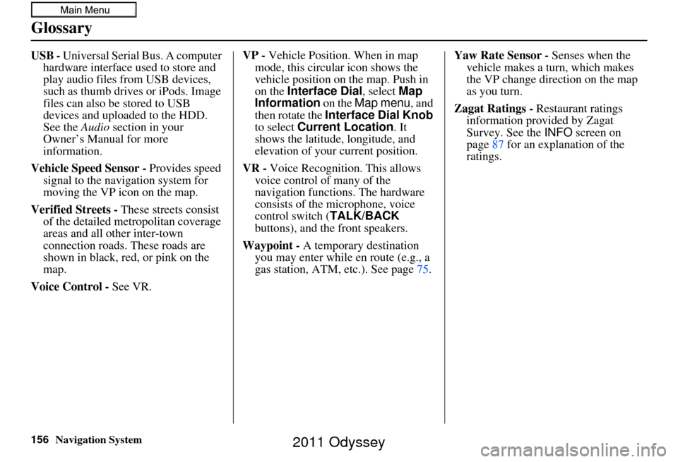 HONDA ODYSSEY 2011 RB3-RB4 / 4.G Navigation Manual 156Navigation System
Glossary
USB - Universal Serial Bus. A computer hardware interface used to store and 
play audio files from USB devices, 
such as thumb drives or iPods. Image 
files can also be s