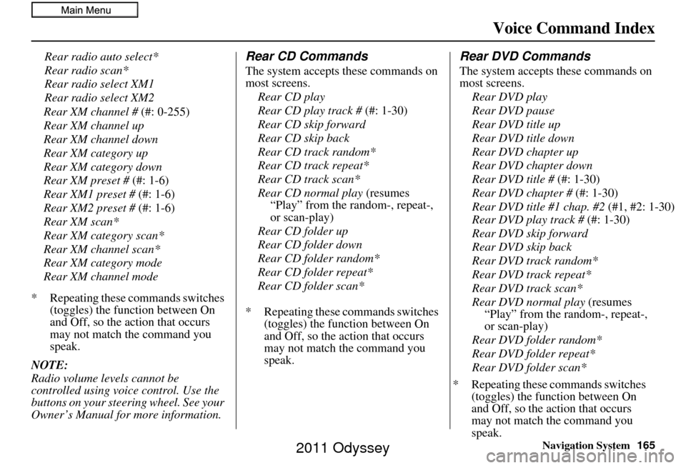 HONDA ODYSSEY 2011 RB3-RB4 / 4.G Navigation Manual Navigation System165
Voice Command Index
Rear XM channel # (#: 0-255)
Rear XM channel up
Rear XM channel down
Rear XM category up
Rear XM category down
Rear XM preset #  (#: 1-6)
Rear XM1 preset #  (#