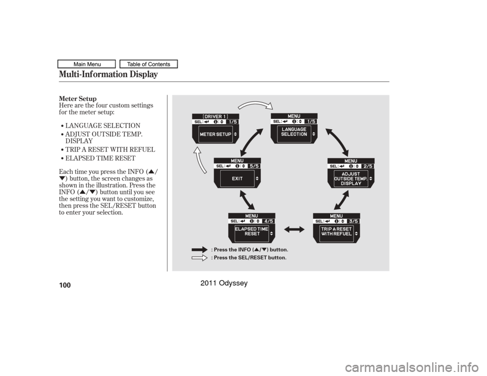 HONDA ODYSSEY 2011 RB3-RB4 / 4.G Owners Manual Û
Ý
ÛÝ
ÛÝ
LANGUAGE SELECTION
Here are the f our custom settings
forthemetersetup:
ADJUST OUTSIDE TEMP.
DISPLAY
TRIP A RESET WITH REFUEL
ELAPSED TIME RESET
Each time you press the INFO ( / 