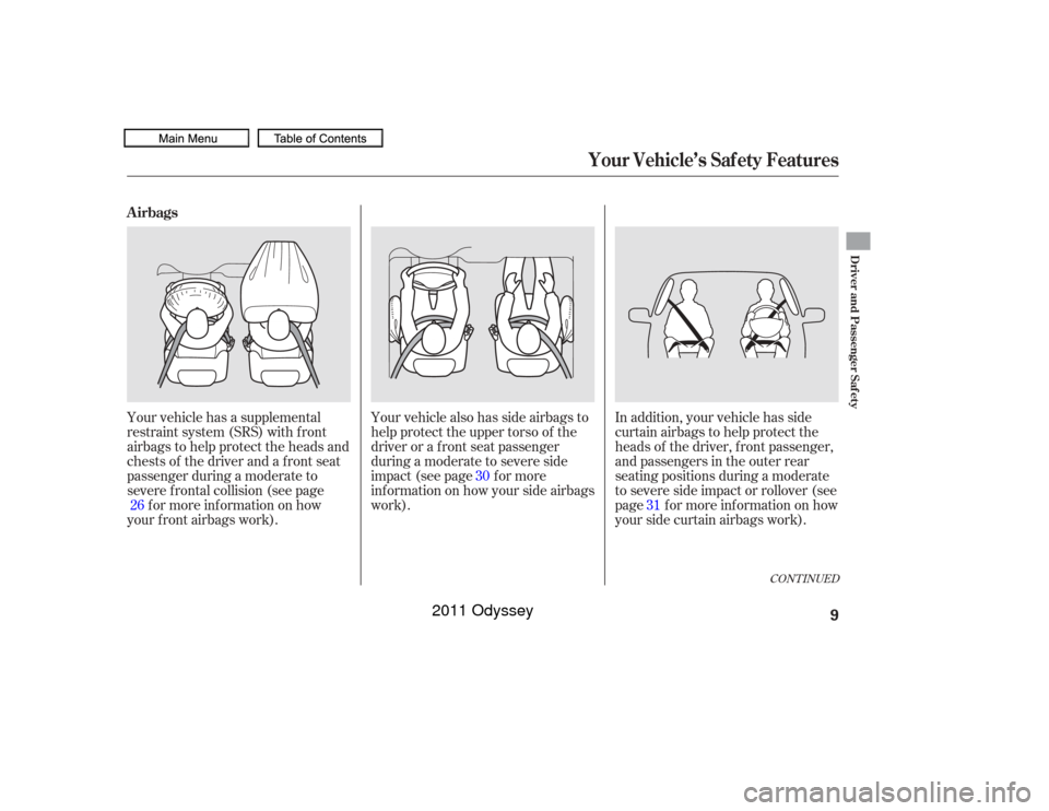 HONDA ODYSSEY 2011 RB3-RB4 / 4.G User Guide CONT INUED
Your vehicle has a supplemental
restraint system (SRS) with f ront
airbags to help protect the heads and
chests of the driver and a front seat
passenger during a moderate to
severe f rontal