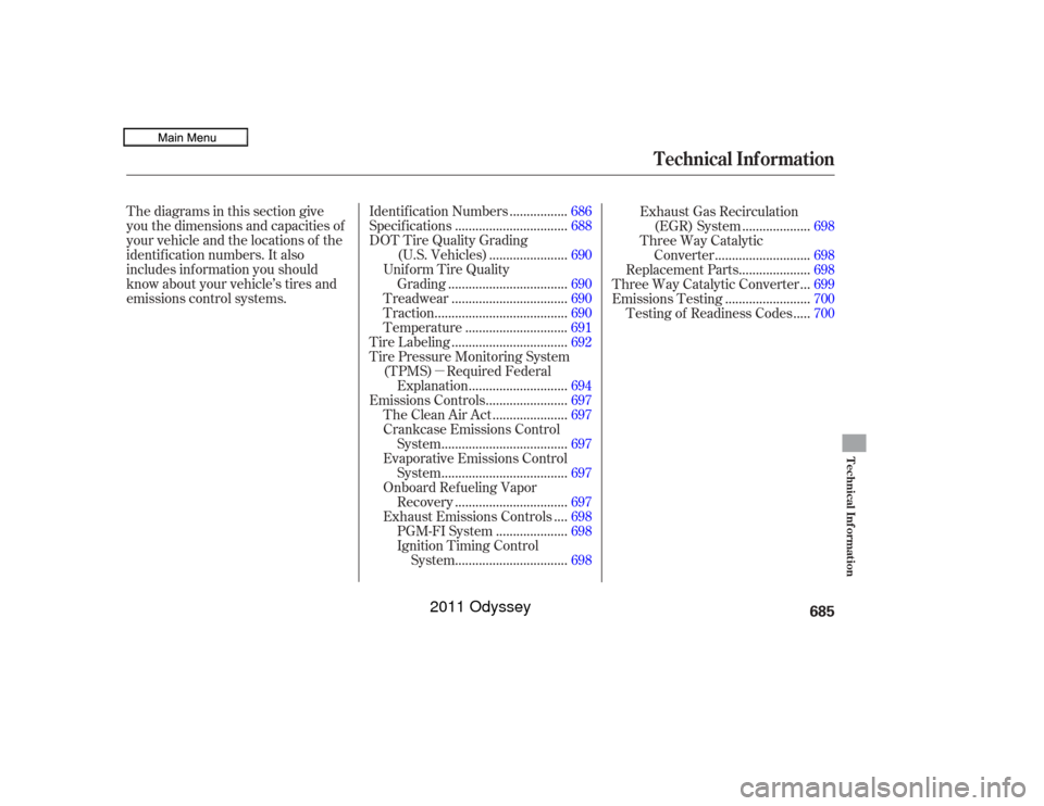 HONDA ODYSSEY 2011 RB3-RB4 / 4.G Owners Manual µ
Thediagramsinthissectiongive
you the dimensions and capacities of
your vehicle and the locations of the
identif ication numbers. It also
includes inf ormation you should
know about your vehicle’