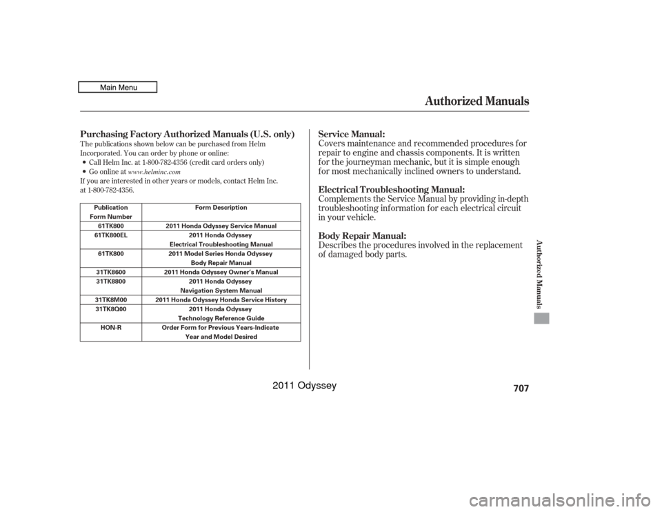 HONDA ODYSSEY 2011 RB3-RB4 / 4.G Owners Manual T he publications shown below can be purchased f rom Helm
Incorporated. You can order by phone or online:
If you are interested in other years or models, contact Helm Inc.
at 1-800-782-4356.Call Helm 