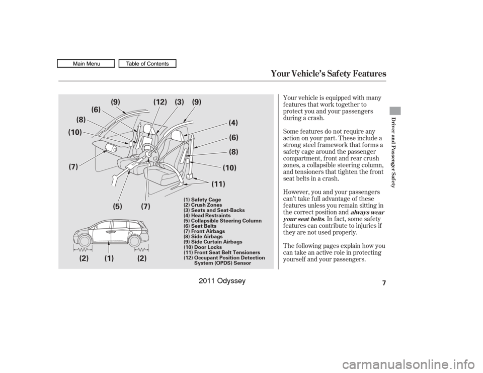 HONDA ODYSSEY 2011 RB3-RB4 / 4.G Owners Manual Your vehicle is equipped with many
features that work together to
protect you and your passengers
during a crash.
The f ollowing pages explain how you
cantakeanactiveroleinprotecting
yourself and your