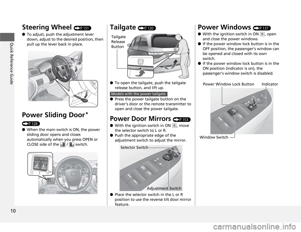 HONDA ODYSSEY 2012 RB3-RB4 / 4.G User Guide 10Quick Reference Guide
Steering Wheel
(P151)
●To adjust, push the adjustment lever
down, adjust to the desired position, then
pull up the lever back in place.
Power Sliding Door
*
(P128)
●Whe HONDA ODYSSEY 2012 RB3-RB4 / 4.G User Guide 10Quick Reference Guide
Steering Wheel
(P151)
●To adjust, push the adjustment lever
down, adjust to the desired position, then
pull up the lever back in place.
Power Sliding Door
*
(P128)
●Whe
