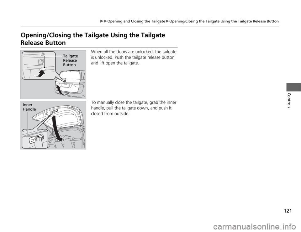 HONDA ODYSSEY 2012 RB3-RB4 / 4.G Owners Manual 121
uuOpening and Closing the TailgateuOpening/Closing the Tailgate Using the Tailgate Release Button
Controls
Opening/Closing the Tailgate Using the Tailgate Release Button
When all the doors are unl