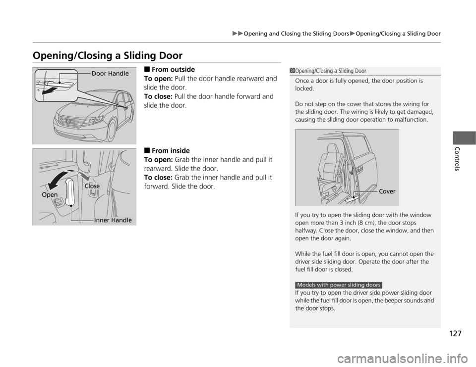 HONDA ODYSSEY 2012 RB3-RB4 / 4.G Service Manual 127
uuOpening and Closing the Sliding DoorsuOpening/Closing a Sliding Door
Controls
Opening/Closing a Sliding Door
■
From outside
To open: Pull the door handle rearward and 
slide the door.
To close