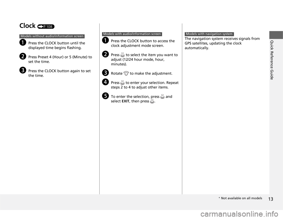HONDA ODYSSEY 2012 RB3-RB4 / 4.G Owners Manual 13Quick Reference Guide
Clock 
(P108)
a
Press the CLOCK button until the 
displayed time begins flashing.
b
Press Preset 4 (Hour) or 5 (Minute) to 
set the time.
c
Press the CLOCK button again to set 