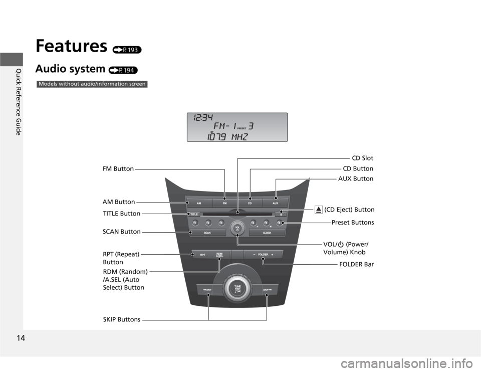 HONDA ODYSSEY 2012 RB3-RB4 / 4.G Owners Manual 14Quick Reference Guide
Features 
(P193)
Audio system 
(P194)AM ButtonFM Button
VOL/  (Power/
Volume) Knob
 (CD Eject) Button
TITLE Button
SKIP ButtonsPreset Buttons
Models without audio/information s