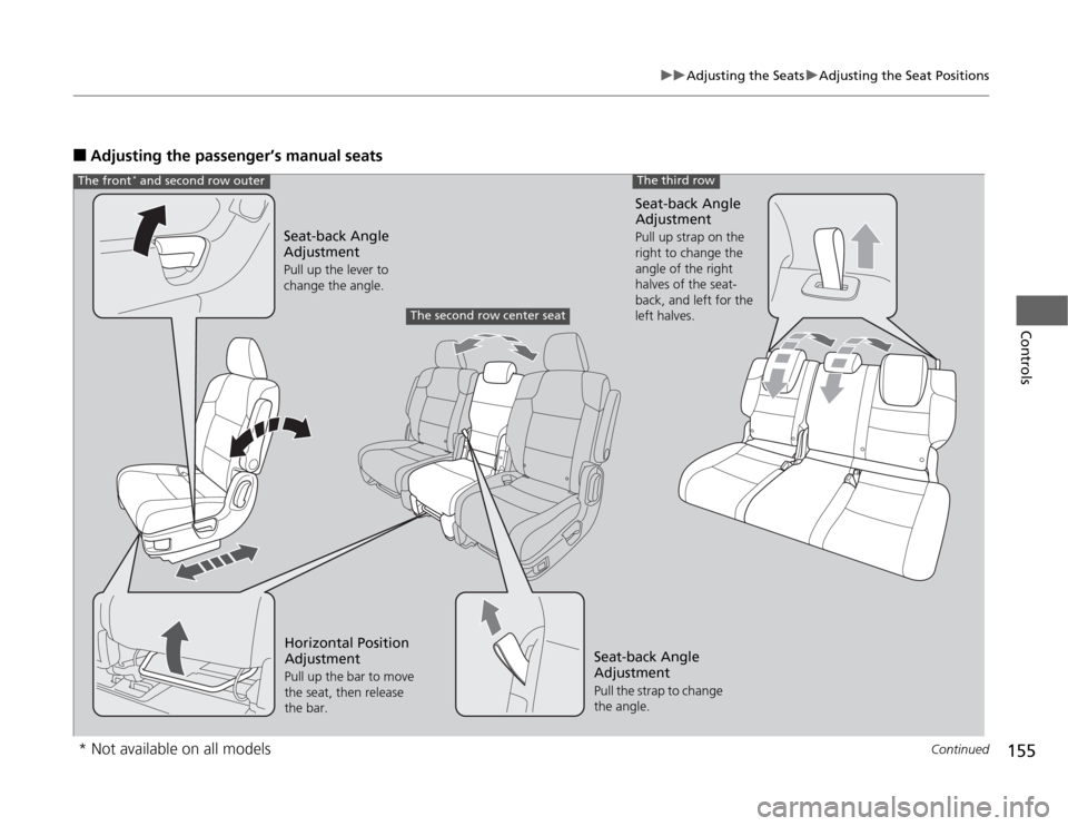 HONDA ODYSSEY 2012 RB3-RB4 / 4.G Owners Manual 155
uuAdjusting the SeatsuAdjusting the Seat Positions
Continued
Controls
■
Adjusting the passenger’s manual seats
Seat-back Angle
AdjustmentPull up the lever to
change the angle.
Seat-back Angl HONDA ODYSSEY 2012 RB3-RB4 / 4.G Owners Manual 155
uuAdjusting the SeatsuAdjusting the Seat Positions
Continued
Controls
■
Adjusting the passenger’s manual seats
Seat-back Angle
AdjustmentPull up the lever to
change the angle.
Seat-back Angl