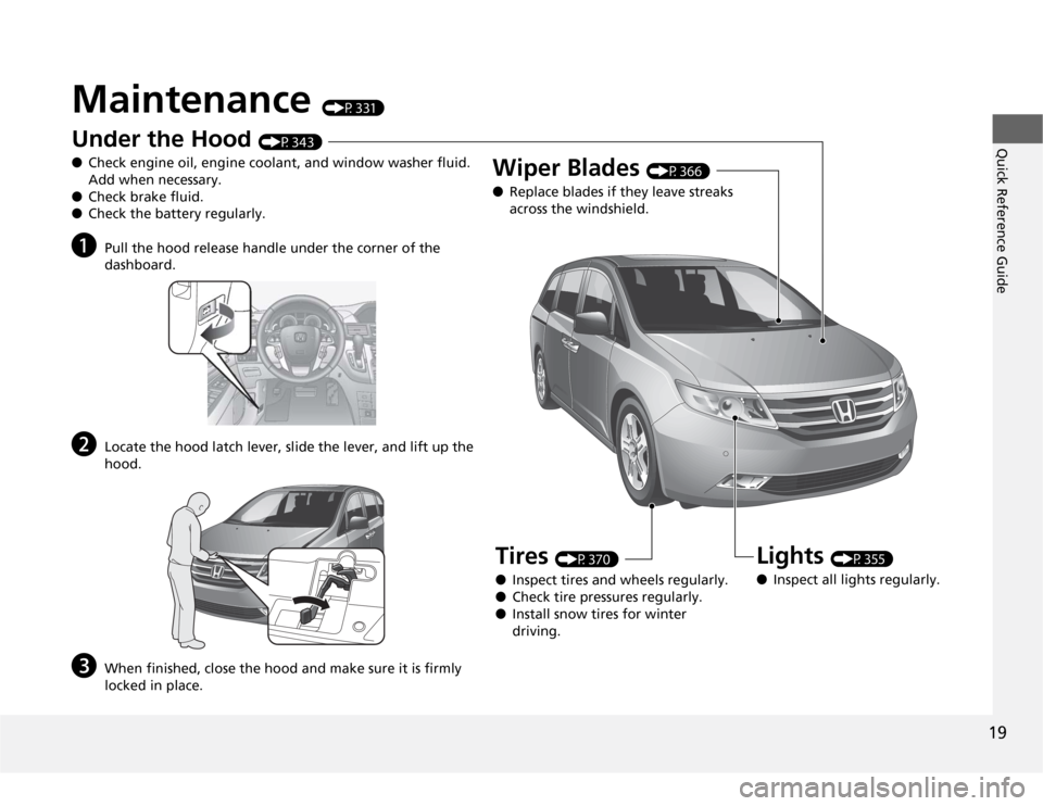 HONDA ODYSSEY 2012 RB3-RB4 / 4.G Owners Manual 19Quick Reference Guide
Maintenance 
(P331)
U
n
d
er t
h
e 
H
oo
d
 (P343)
●Check engine oil, engine coolant, and window washer fluid. 
Add when necessary.
●Check brake fluid.
●Check the battery