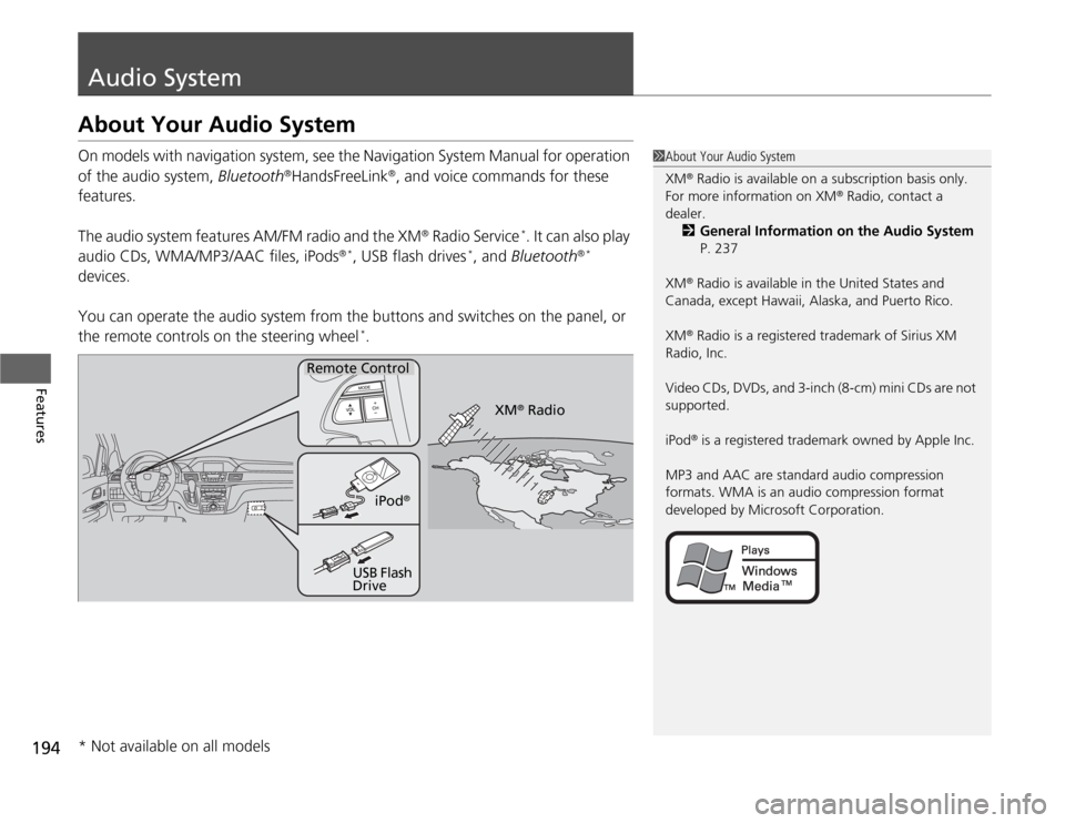 HONDA ODYSSEY 2012 RB3-RB4 / 4.G Owners Manual 194Features
Audio SystemAbout Your Audio SystemOn models with navigation system, see the Navigation System Manual for operation 
of the audio system, Bluetooth
®HandsFreeLink
®, and voice commands f