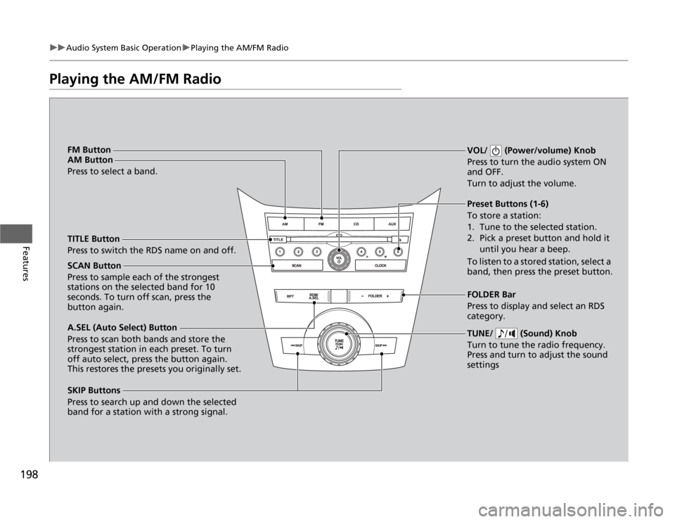 HONDA ODYSSEY 2012 RB3-RB4 / 4.G Service Manual 198
uuAudio System Basic OperationuPlaying the AM/FM Radio
Features
Playing the AM/FM Radio
SCAN Button
Press to sample each of the strongest
stations on the selected band for 10
seconds. To turn of HONDA ODYSSEY 2012 RB3-RB4 / 4.G Service Manual 198
uuAudio System Basic OperationuPlaying the AM/FM Radio
Features
Playing the AM/FM Radio
SCAN Button
Press to sample each of the strongest
stations on the selected band for 10
seconds. To turn of