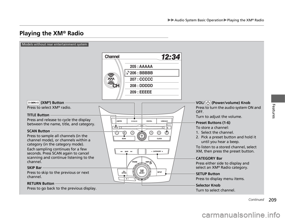 HONDA ODYSSEY 2012 RB3-RB4 / 4.G Owners Manual 209
uuAudio System Basic OperationuPlaying the XM
® Radio
Continued
Features
Playing the XM
® Radio
SCAN Button
Press to sample all channels (in the 
channel mode), or channels within a 
category (i