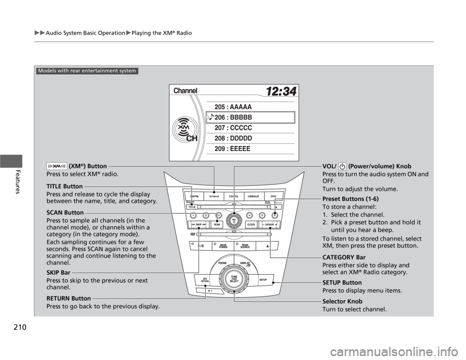 HONDA ODYSSEY 2012 RB3-RB4 / 4.G Owners Manual 210
uuAudio System Basic OperationuPlaying the XM
® Radio
Features
SCAN Button
Press to sample all channels (in the
channel mode), or channels within a
category (in the category mode).
Each sampli HONDA ODYSSEY 2012 RB3-RB4 / 4.G Owners Manual 210
uuAudio System Basic OperationuPlaying the XM
® Radio
Features
SCAN Button
Press to sample all channels (in the
channel mode), or channels within a
category (in the category mode).
Each sampli