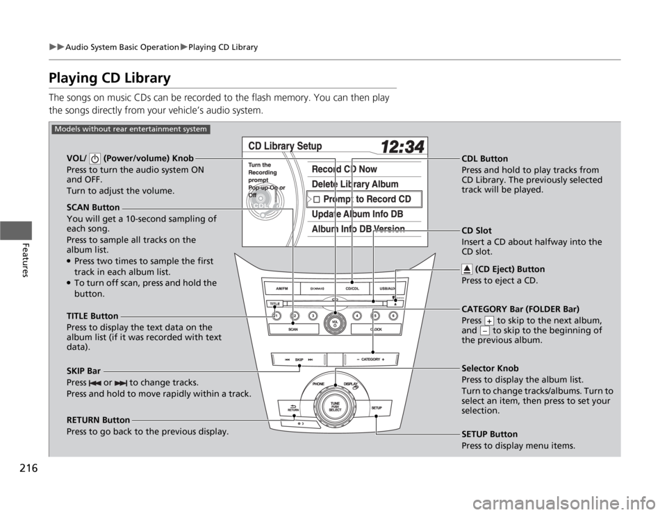 HONDA ODYSSEY 2012 RB3-RB4 / 4.G Repair Manual 216
uuAudio System Basic OperationuPlaying CD Library
Features
Playing CD LibraryThe songs on music CDs can be recorded to the flash memory. You can then play
the songs directly from your vehicle’s HONDA ODYSSEY 2012 RB3-RB4 / 4.G Repair Manual 216
uuAudio System Basic OperationuPlaying CD Library
Features
Playing CD LibraryThe songs on music CDs can be recorded to the flash memory. You can then play
the songs directly from your vehicle’s
