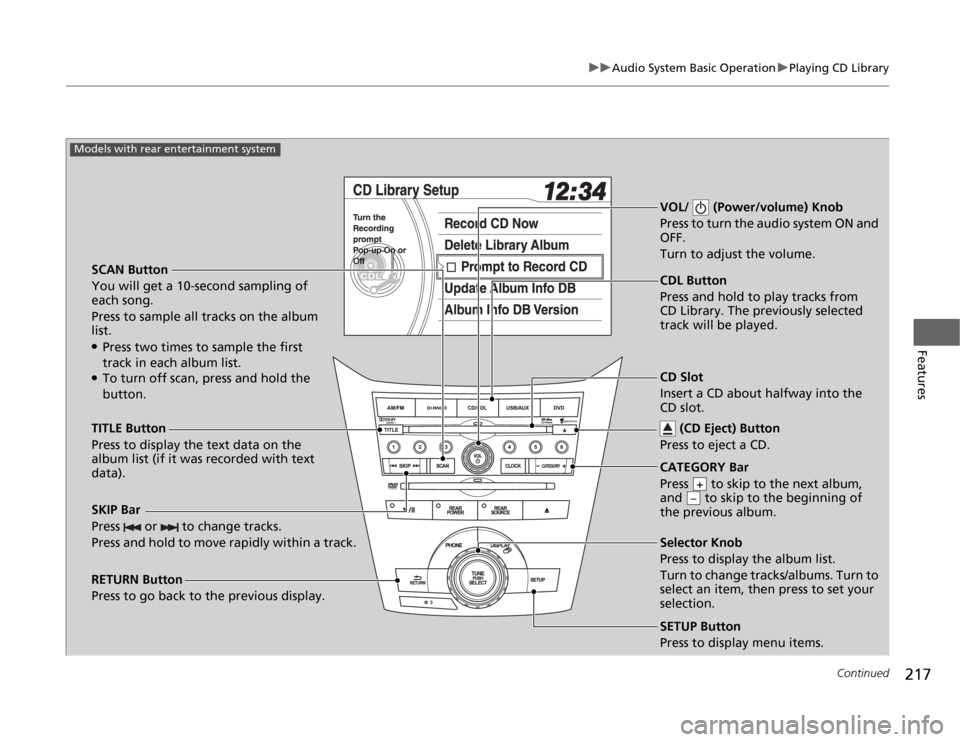 HONDA ODYSSEY 2012 RB3-RB4 / 4.G Repair Manual 217
uuAudio System Basic OperationuPlaying CD Library
Continued
Features
SCAN Button
You will get a 10-second sampling of
each song.
Press to sample all tracks on the album
list.●Press two times t HONDA ODYSSEY 2012 RB3-RB4 / 4.G Repair Manual 217
uuAudio System Basic OperationuPlaying CD Library
Continued
Features
SCAN Button
You will get a 10-second sampling of
each song.
Press to sample all tracks on the album
list.●Press two times t