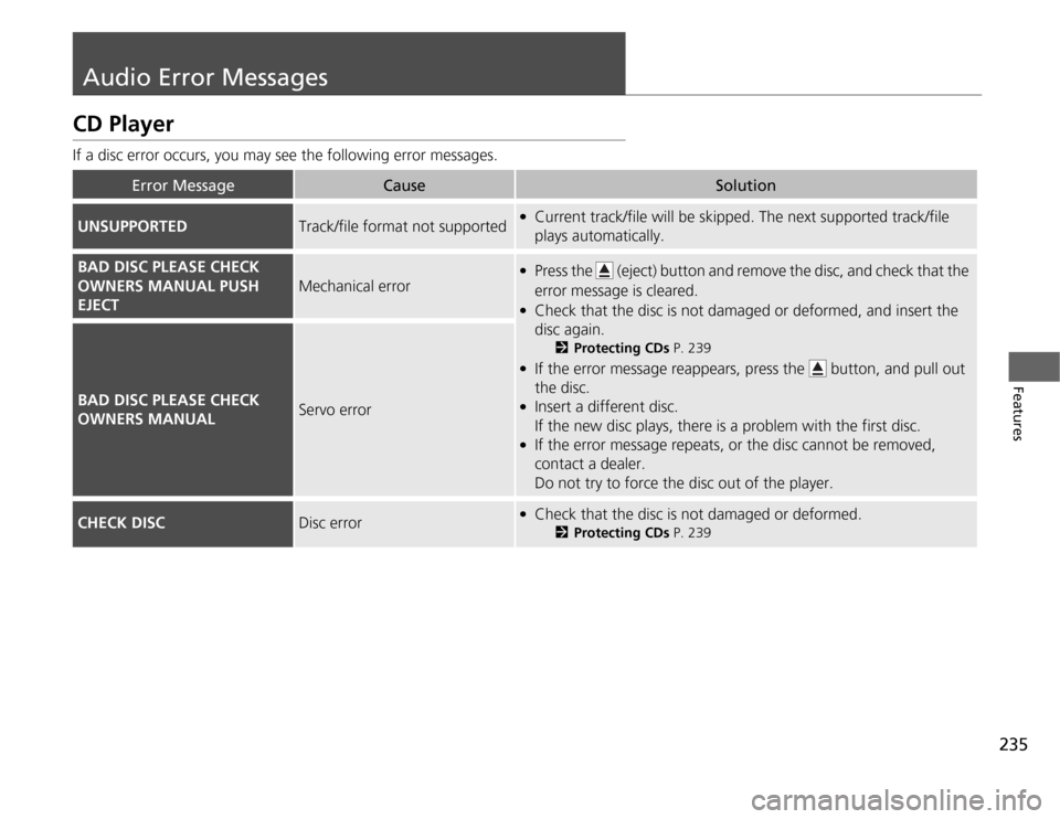 HONDA ODYSSEY 2012 RB3-RB4 / 4.G Owners Manual 235
Features
Audio Error MessagesCD PlayerIf a disc error occurs, you may see the following error messages.
Error Message
Cause
Solution
UNSUPPORTED
Track/file format not supported
●
Current track/f HONDA ODYSSEY 2012 RB3-RB4 / 4.G Owners Manual 235
Features
Audio Error MessagesCD PlayerIf a disc error occurs, you may see the following error messages.
Error Message
Cause
Solution
UNSUPPORTED
Track/file format not supported
●
Current track/f