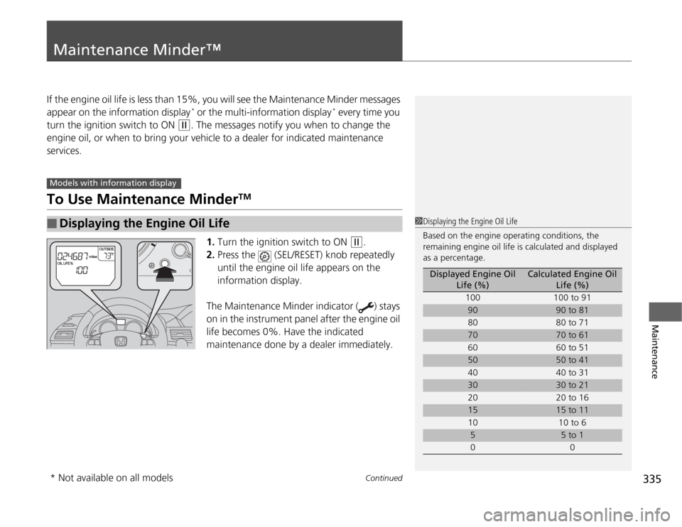 HONDA ODYSSEY 2012 RB3-RB4 / 4.G Manual PDF 335
Continued
Maintenance
Maintenance Minder™If the engine oil life is less than 15%, you will see the Maintenance Minder messages
appear on the information display
* or the multi-information displ HONDA ODYSSEY 2012 RB3-RB4 / 4.G Manual PDF 335
Continued
Maintenance
Maintenance Minder™If the engine oil life is less than 15%, you will see the Maintenance Minder messages
appear on the information display
* or the multi-information displ
