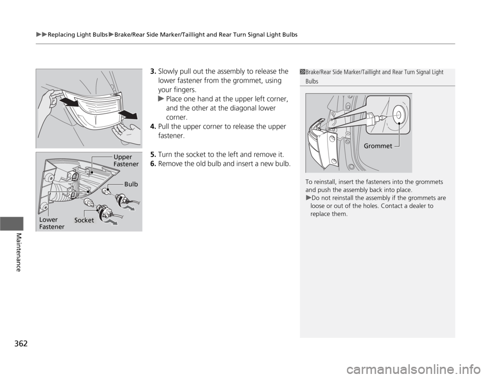 HONDA ODYSSEY 2012 RB3-RB4 / 4.G Owners Manual uuReplacing Light BulbsuBrake/Rear Side Marker/Taillight and Rear Turn Signal Light Bulbs
362Maintenance
3.Slowly pull out the assembly to release the 
lower fastener from the grommet, using 
your fin
