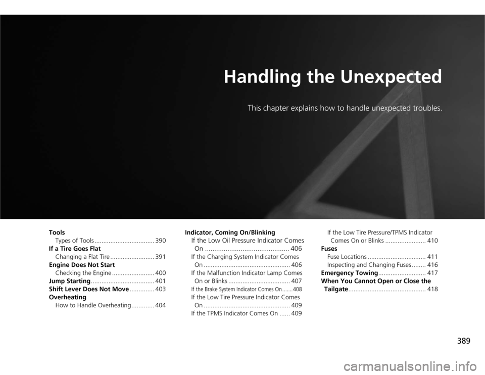 HONDA ODYSSEY 2012 RB3-RB4 / 4.G Owners Manual 389
Handling the Unexpected
This chapter explains how to handle unexpected troubles.
Tools
Types of Tools .................................. 390
If a Tire Goes Flat
Changing a Flat Tire ..............