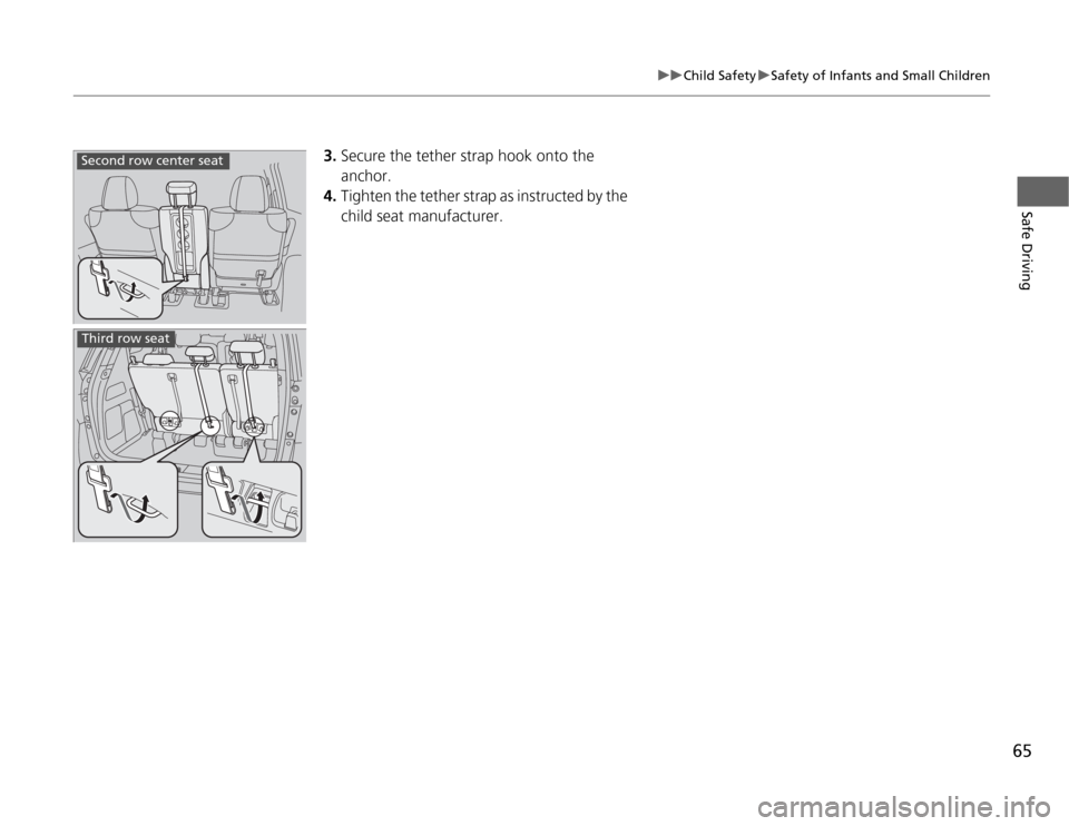 HONDA ODYSSEY 2012 RB3-RB4 / 4.G Repair Manual 65
uuChild SafetyuSafety of Infants and Small Children
Safe Driving
3.Secure the tether strap hook onto the 
anchor.
4.Tighten the tether strap as instructed by the 
child seat manufacturer.
Second ro