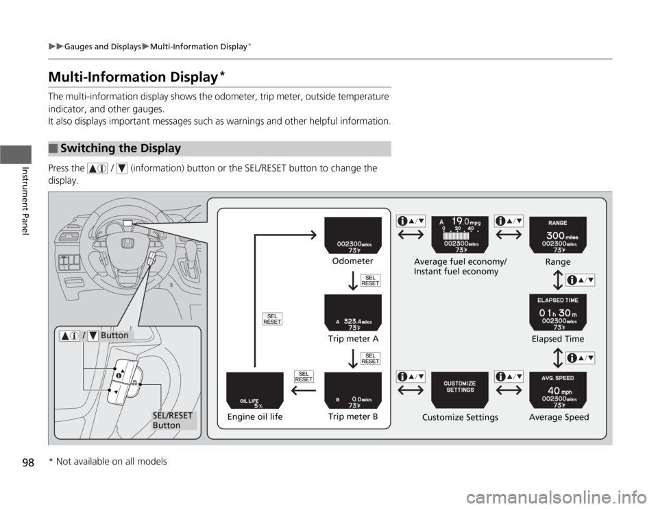HONDA ODYSSEY 2012 RB3-RB4 / 4.G Owners Manual 98
uuGauges and DisplaysuMulti-Information Display
*
Instrument Panel
Multi-Information Display
*
The multi-information display shows the odometer, trip meter, outside temperature
indicator, and othe HONDA ODYSSEY 2012 RB3-RB4 / 4.G Owners Manual 98
uuGauges and DisplaysuMulti-Information Display
*
Instrument Panel
Multi-Information Display
*
The multi-information display shows the odometer, trip meter, outside temperature
indicator, and othe