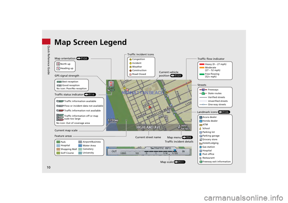 HONDA ODYSSEY 2013 RC1-RC2 / 5.G Navigation Manual 10Quick Reference Guide
Map Screen LegendMap orientation (P108)
GPS signal strength
North up
Heading upBest reception
Good reception
No icon: Poor/No reception
Traffic status indicator  (P114)
Traffic
