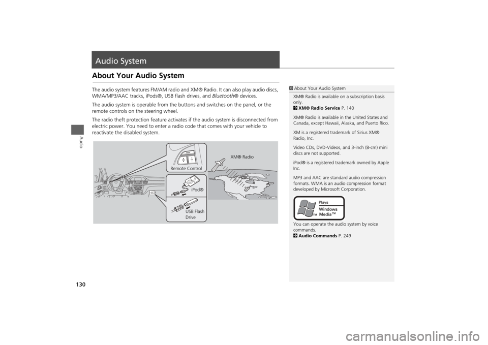 HONDA ODYSSEY 2013 RC1-RC2 / 5.G Navigation Manual 130Audio
Audio SystemAbout Your Audio SystemThe audio system features FM/AM radio and XM® Radio. It can also play audio discs, 
WMA/MP3/AAC tracks, iPods®, USB flash drives, and  Bluetooth® devices