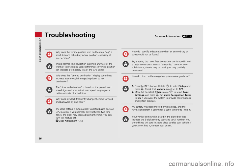 HONDA ODYSSEY 2013 RC1-RC2 / 5.G Navigation Manual 16Quick Reference Guide
Troubleshooting
For more Information
 (P219)
Why does the vehicle position icon on the map “lag” a 
short distance behind my actual position, especially at 
intersections?
