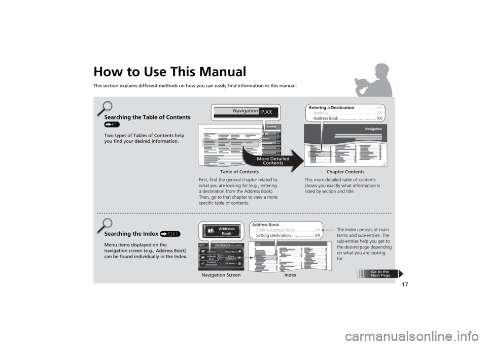 HONDA ODYSSEY 2013 RC1-RC2 / 5.G Navigation Manual 17
How to Use This ManualThis section explains different methods on how you can easily find information in this manual.
ContentsContents
More DetailedContents
Go to the 
Next Page
Searching the Table 