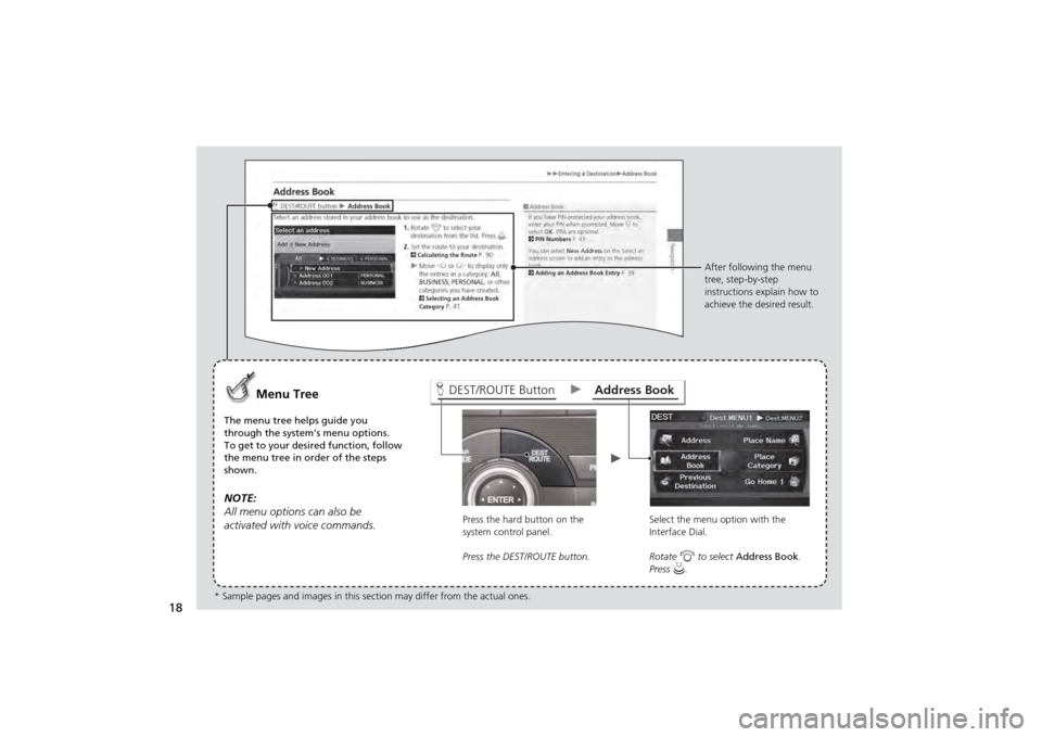 HONDA ODYSSEY 2013 RC1-RC2 / 5.G Navigation Manual 18
DEST/ROUTE ButtonAddress Book
Menu Tree
The menu tree helps guide you
through the system’s menu options.
To get to your desired function, follow
the menu tree in order of the steps
shown.NOTE: HONDA ODYSSEY 2013 RC1-RC2 / 5.G Navigation Manual 18
DEST/ROUTE ButtonAddress Book
Menu Tree
The menu tree helps guide you
through the system’s menu options.
To get to your desired function, follow
the menu tree in order of the steps
shown.NOTE:
